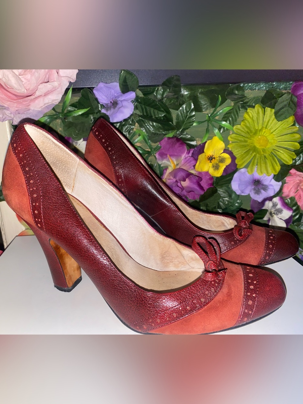 Façade Burgundy Red Suede & Leather Penny Heels Bow Pumps Vintage 1999 SZ 8